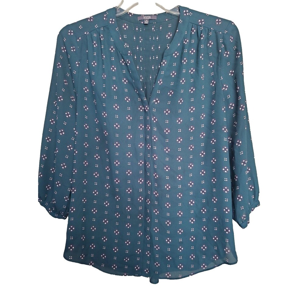 NYDJ Green Geo Print Pleated Back 3/4 Sleeve Button-Up Blouse Size Medium
